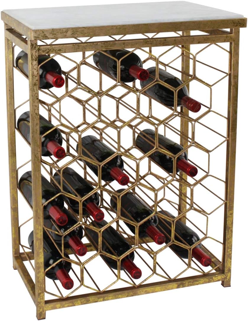 MY SWANKY HOME Luxe Gold Metal White Marble Wine Table Storage Rack 32 Bottle Bar Accent