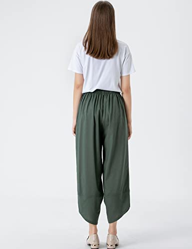 Minibee Women's Baggy Linen Wide Leg Trousers Casual Patchwark Elastic Waist Harem Pants