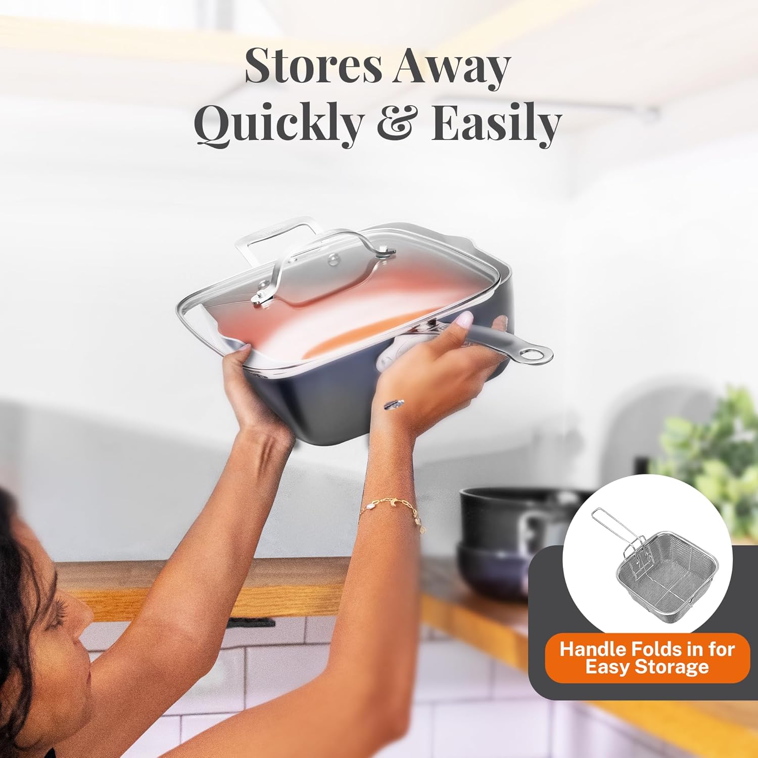 Gotham Steel Nonstick Square Deep Frying Pan, 9.5” Large Cooking Pan with Ceramic Nonstick Coating, 4 Pc Titanium Ceramic with Lid, Basket & Steamer Tray, Dishwasher Safe