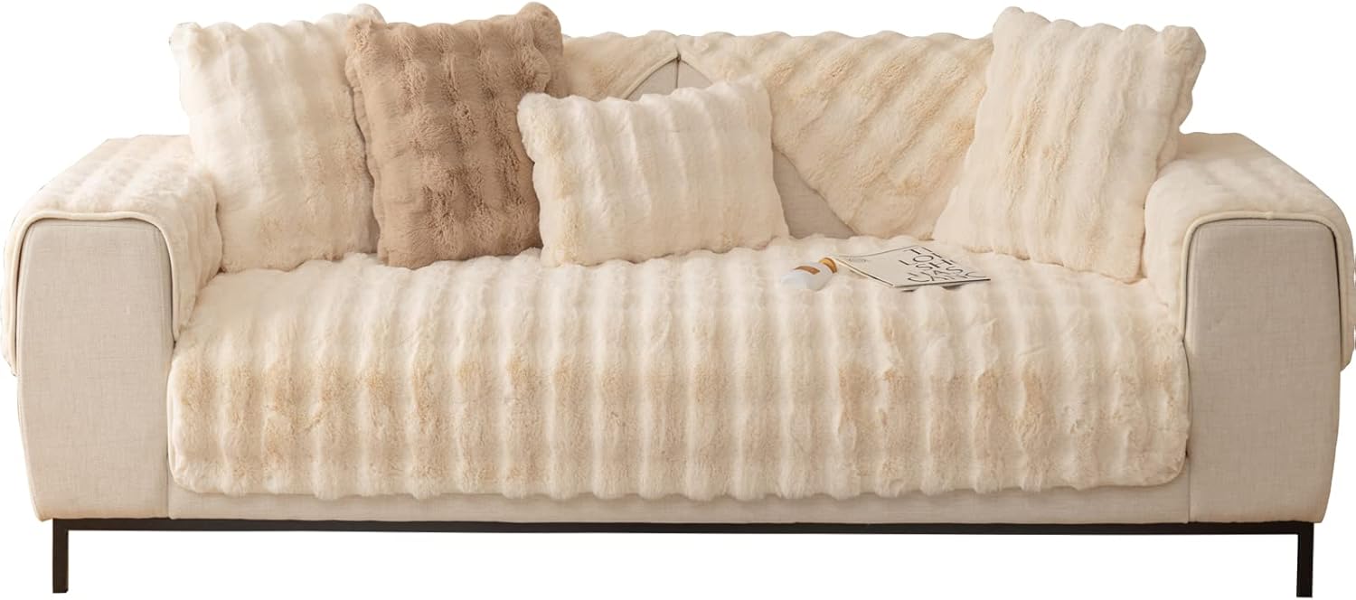 MIFXIN Soft Plush Sofa Cushion Cover Sofa Cover Fluffy Faux Fur 1 2 3 Seater Couch Cover Furniture Protector for Living Room Sectional Sofa Armrest Backrest (Beige 36''x70'')