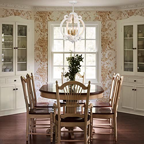 ALISADABOY Wood Chandelier for Dining Room 4 Light Rustic White & Gold farmhouse Chandeliers Antique Orb Pendant Lighting for Kitchen Island Living Room Bedroom Entryway Foyer Staircase
