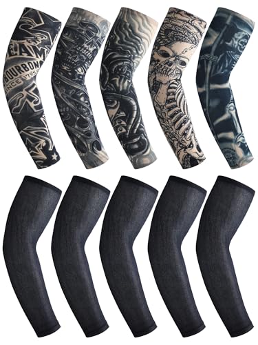 Boao 10 Pairs Arm Tattoo Sleeves for Men UV Sun Protection Arm Compression Sleeves for Gardening Sport Cycling Fishing