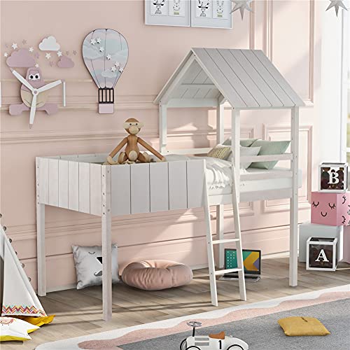 Twin Low Loft Bed with Ladder and Under-Bed Large Space, Pinewood House-Shaped Bed Frame with Roof and Fence-Shaped Guardrails, Bedroom Furniture (Wash Gray)