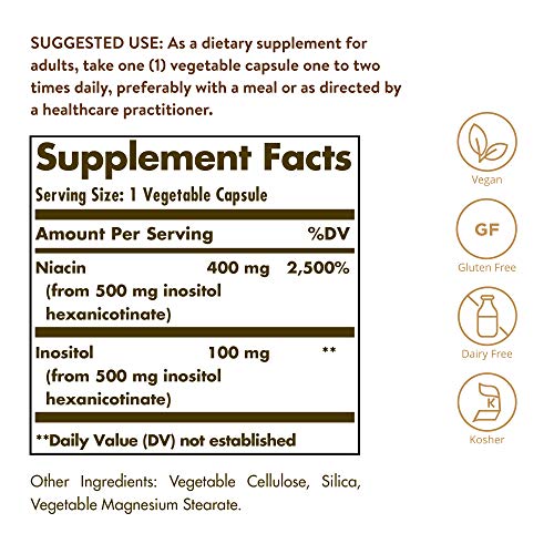 Solgar No-Flush Niacin 500 mg, 250 Vegetable Capsules - Cardiovascular Support - Supports Energy Metabolism - No-Flush Delivery - Vegan, Gluten Free, Dairy Free, Kosher - 250 Servings