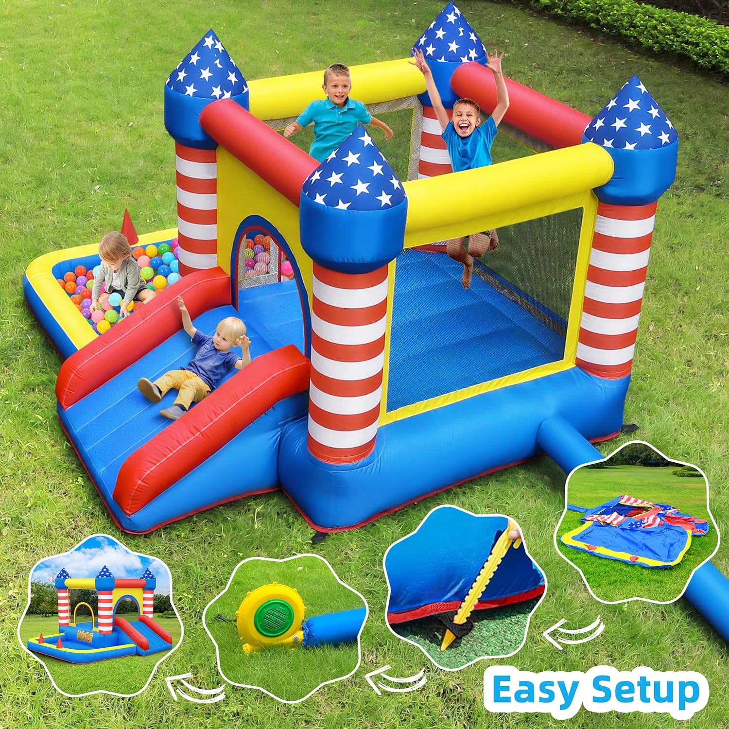 Culaluva Inflatable Bounce House: Bouncer Bouncy Castle 5 in 1 with Ball Pit & Slide for Kids Aged 3-8 - with 370W Blower & Storage Bag - Indoor Outdoor Play Stripes Style