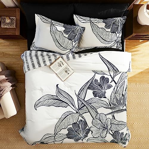 WRENSONGE Twin Comforter Set, 5 Pieces Blue Floral Comforter Set with Sheets, Navy Leaf Bedding Set, Twin Bed in a Bag Soft Breathable Microfiber for All Seasons