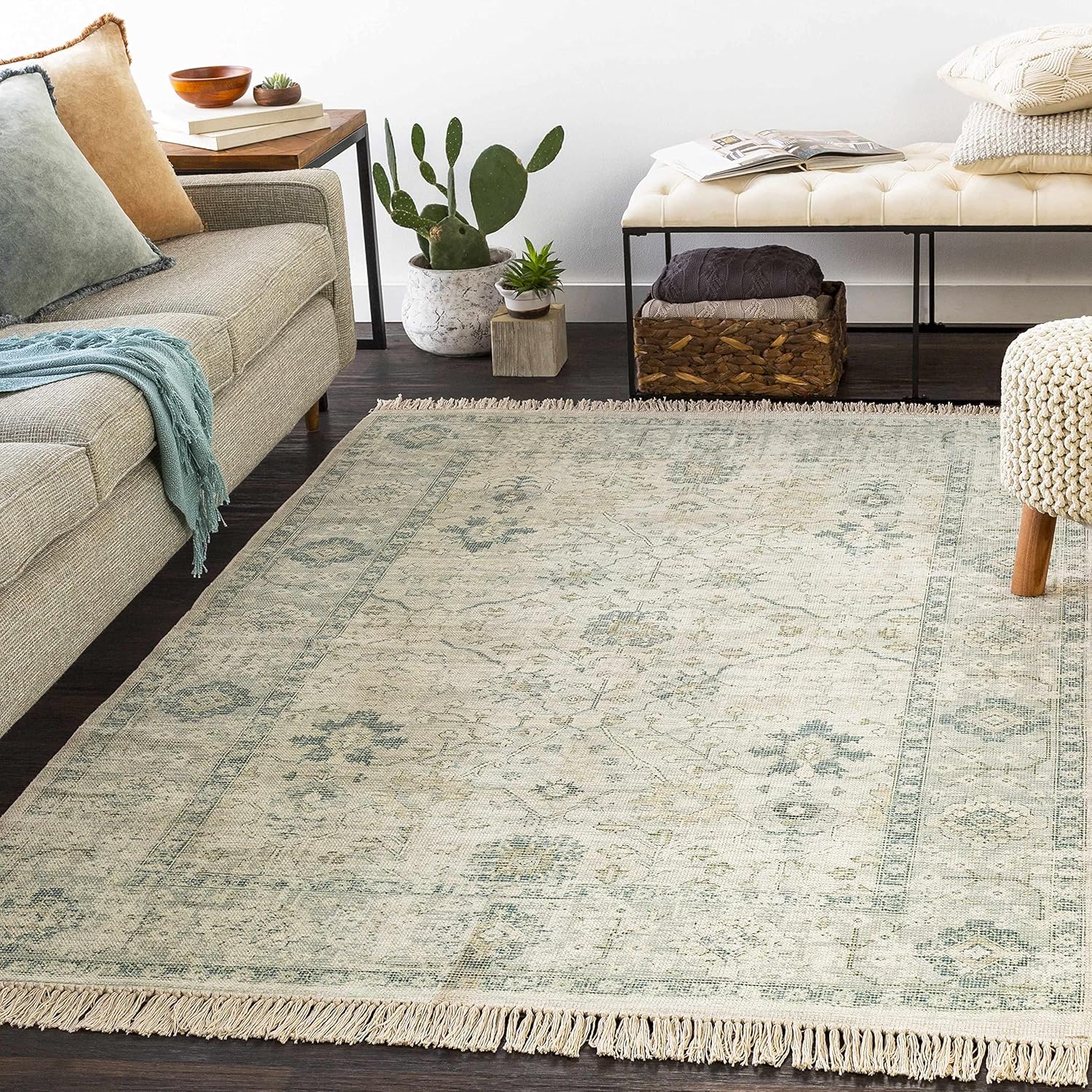 Hauteloom Penkridge Hand Woven Traditional Vintage Area Rug for Living Room - Bohemian Medallion Carpet with Tassel - Cotton Natural Fiber - Green, Sage, Beige, Off White 5' x 7'6