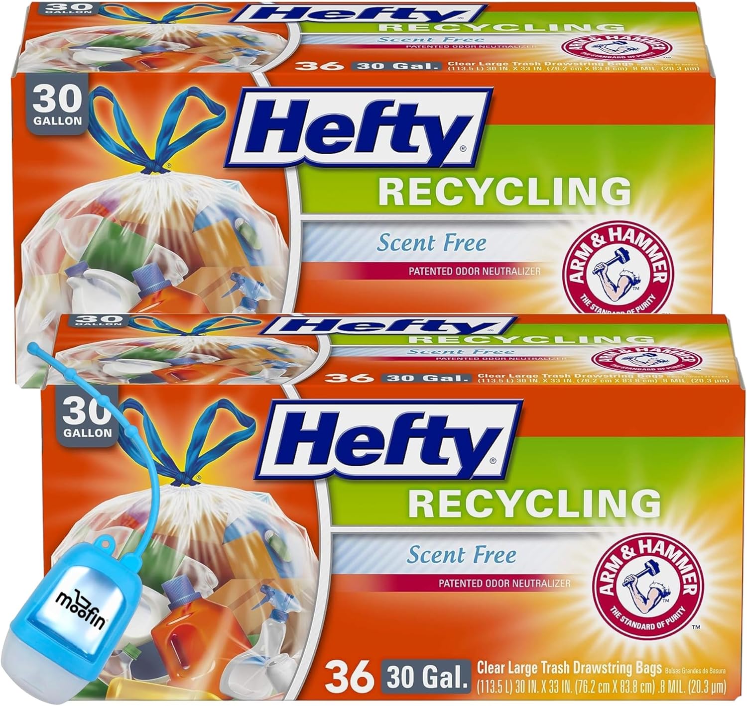 Recycling Bags, 36 Count, Ideal for Large 30 Gallon Capacity Trash Bags, Durable & Puncture-Resistant, with Moofin Hand Sanitizer Dispenser, Clear Recycling Bags (Pack of 2)