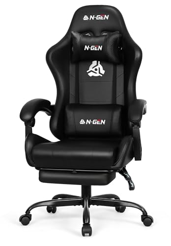 N-GEN GAMING Video Gaming Chair with Footrest High Back Ergonomic Comfortable Office Computer Desk with Lumbar Support Height Adjustable with PU Leather Recliner for Adults Women Men (White)