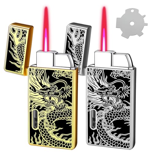 Torch Lighter Butane Refillable, 2 Pack Jet Flame Butane Lighter with Visible Window, Cool Adjustable Jet Flame Dragon Lighter, Great Gifts for Men and Women, Family Use(without Butane Gas)