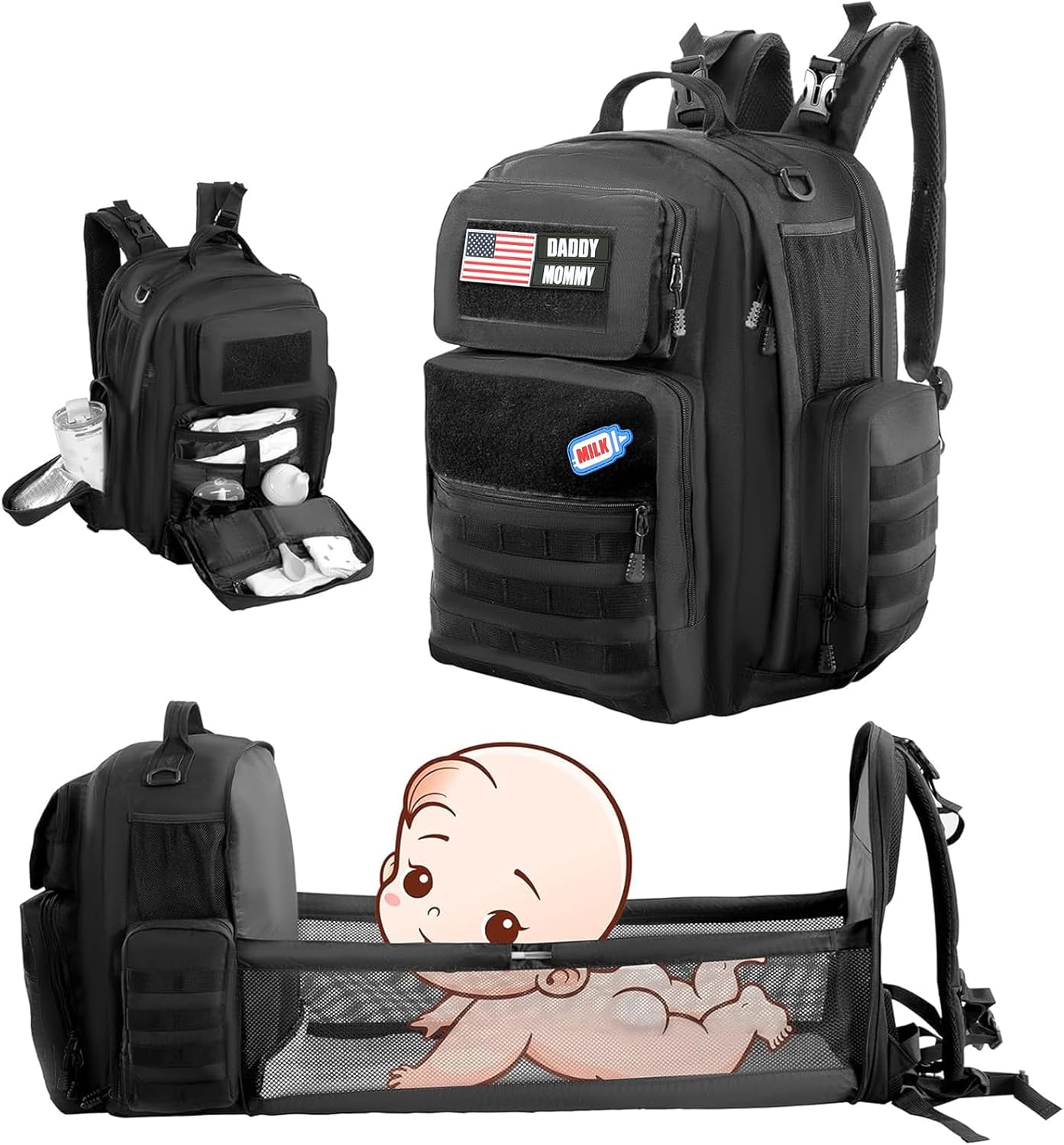 Diaper Bag Backpack for Dad with Changing Station, Expandable Black Military Diaper Bag Backpack with Waterproof Changing Pad,Large Tactical Mens Baby Bag,Unisex Molle Style Baby Backpack Bag