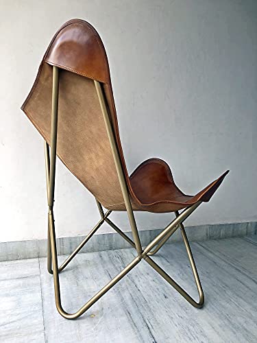 Leather Living Room Chairs-Butterfly Chair Brown Leather Butterfly Chair-Handmade with Powder Coated Folding Iron Frame (Cover with Folding Frame) (Golden Frame)