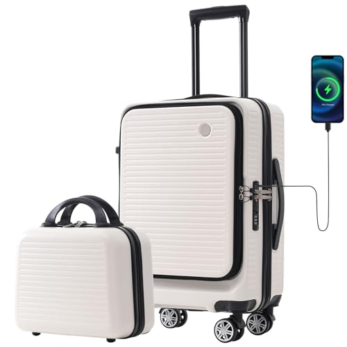 Carry-On Luggage 20 Inch Front Open Luggage Grace Expandable Carry On Luggage Hardside Carry On Suitcase With Wheels Tsa Lock And Usb Port Small Suitcase With Portable Carrying Case (White)
