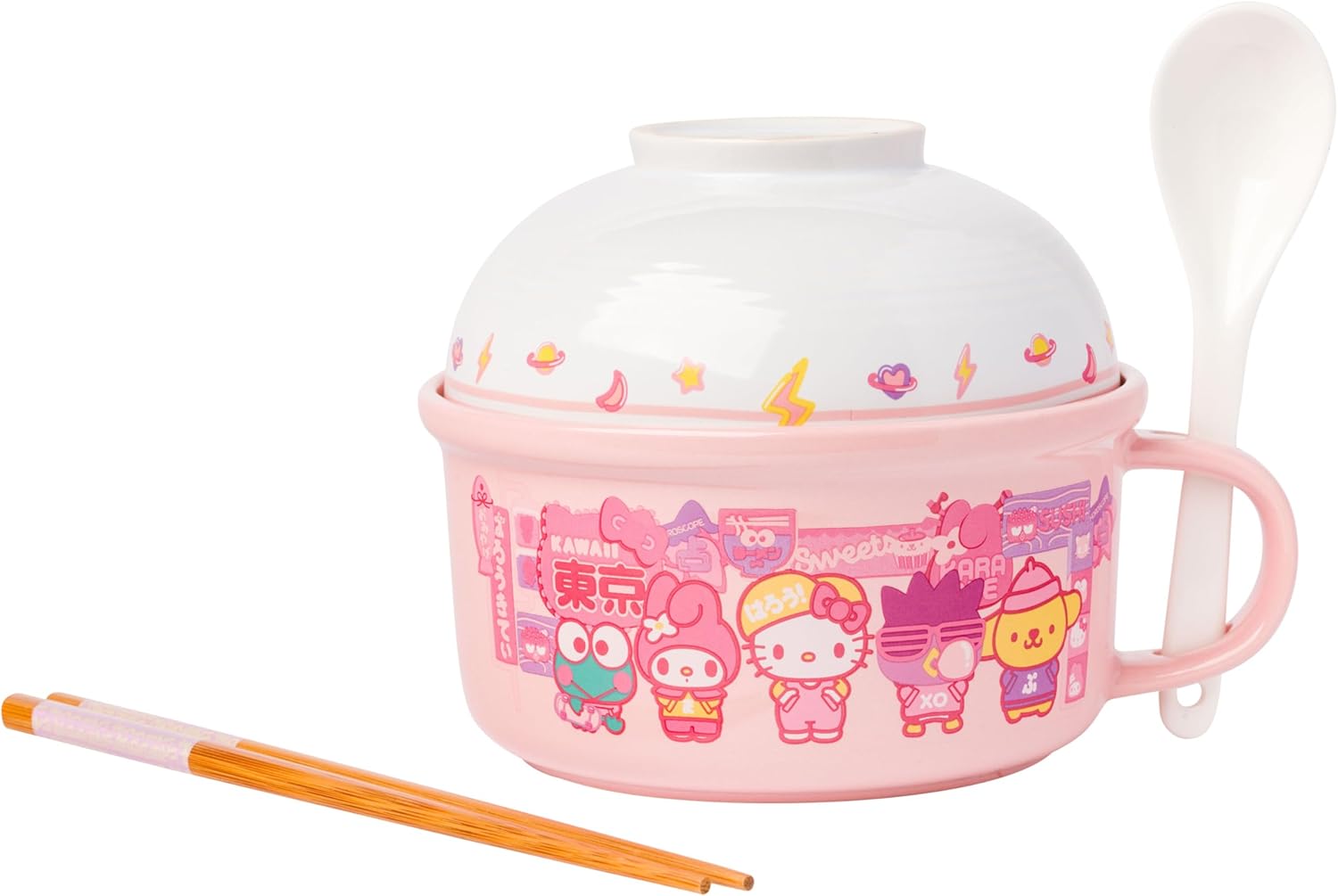 Silver Buffalo Sanrio Hello Kitty and Friends Featuring Keroppi, My Melody, Badtz-Maru, and Pompompurin Soup Mug and Bowl Lid with Spoon and Chopsticks, 13 Ounce Bowl Lid, 22 Ounce Soup Mug