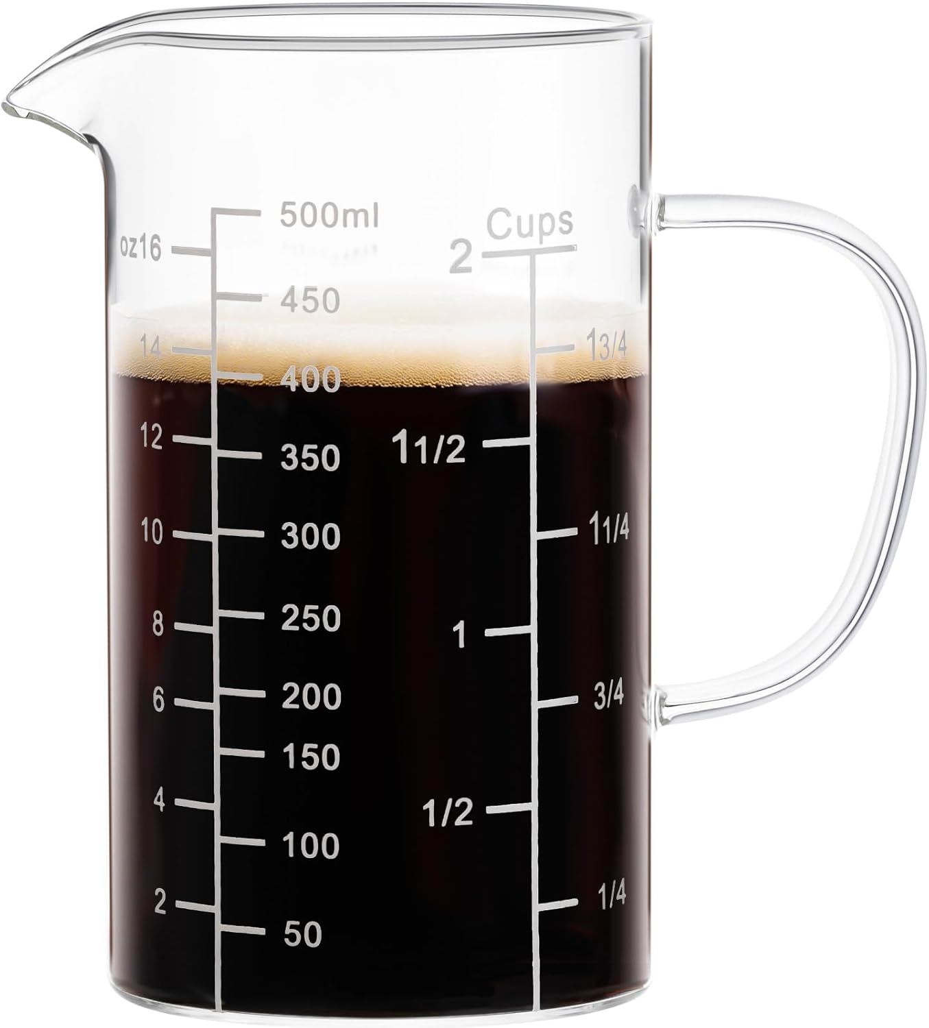 PARACITY 2 Cup Glass Measuring Cup, Liquid Measuring Cups with three Scale and V-Shaped Mouth, Glass Coffee Cups with Handle, Glass Beaker for Kitchen or Restaurant 500 ML