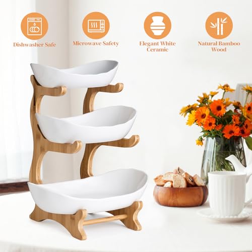 3 Tier Fruit Bowl for Kitchen Counter - Ceramic Large Capacity Fruit Basket Bamboo Stand, Tiered Fruit Basket for Fruit Vegetable Storage, Snacks Nuts Bread Candy Storage Holder (White)