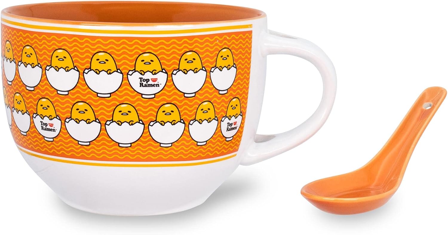 Sanrio Gudetama x Nissin Top Ramen 24-Ounce Ceramic Soup Mug With Spoon | Bowl For Ice Cream, Cereal, Oatmeal | Large Coffee Cup For Espresso, Caffeine, Beverage | Cute Home & Kitchen Decor Essentials