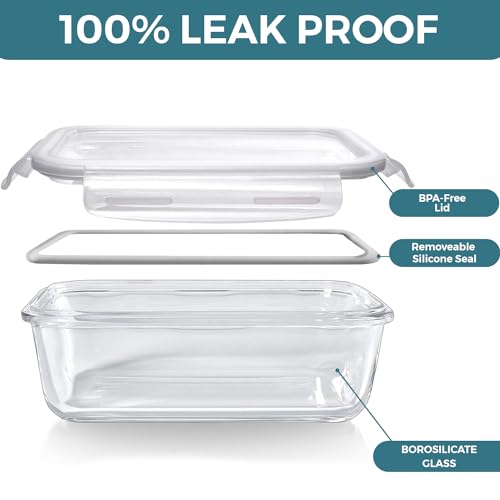 Razab 10 PC Square Glass Food Storage Containers with Lids - 74, 40, 27 & 18 Oz Airtight & Leakproof Glass Meal Prep Containers Reusable for Lunch & Leftover - BPA Free, Freezer Oven & Microwave Safe