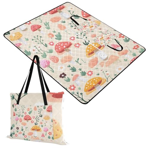 Colorful Mushrooms Leaves Picnic Blanket Waterproof Foldable Outdoor Beach Blankets Sandproof Picnic Mat Extra Large Camping Blanket for Camping Hiking Travel Park Concerts, 80x118 in