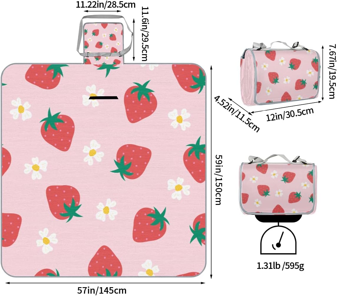 Picnic Blankets 57”x 59”, Flower Strawberry Waterproof Sandproof Picnic Mat Lightweight Foldable Beach Blanket for Camping Park Grass Beach Outdoor Blanket