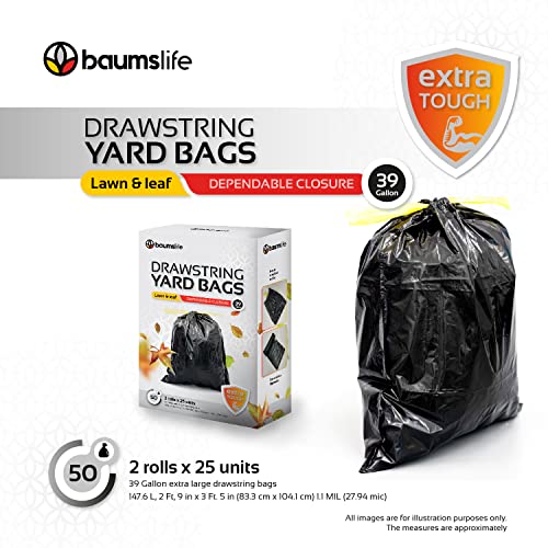 Tall, large and strong 39 gallons garbage bags. Drawstring Closure bag. Kitchen, yard, lawn & leaf, house and garage garbage. 50 Count. Bolsas de basura
