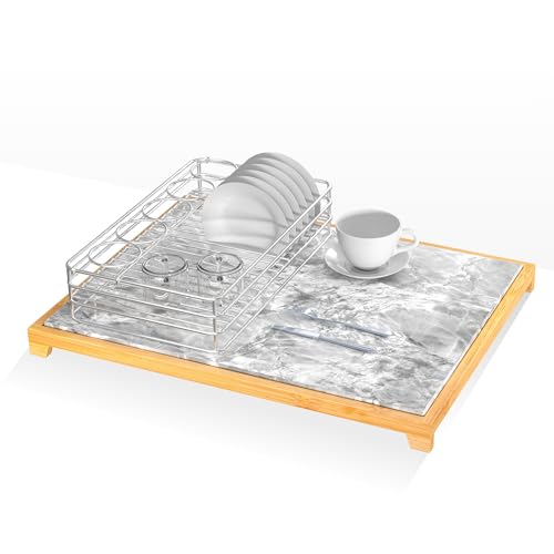 Stone Dish Drying Mat for Kitchen Counter Marble Super Absorbent Fast Drying Stone Mat Kitchen with Bamboo Rack 16 x12 inch (Light Yellow Marble)