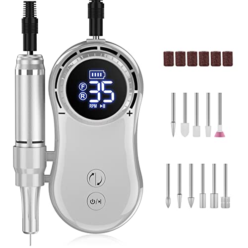 Professional Rechargeable 35000 rpm Nail Drill, Portable Electric E File Machine for Acrylic, Gel Nails, Manicure Pedicure Polishing with 11Pcs Nail Drill Bits and Sanding Bands for Home and Salon Use