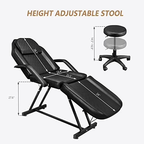 Massage Salon Tattoo Chair Esthetician Bed with Hydraulic Stool,Multi-Purpose 3-Section Facial Bed Table, Adjustable Beauty Barber Spa Beauty Equipment, Black