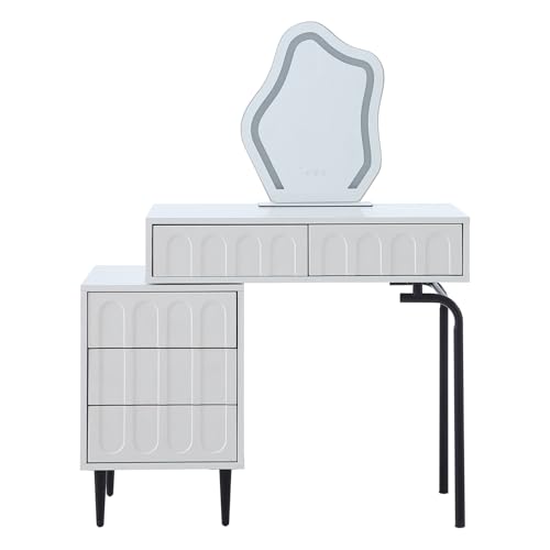 Vanity Desk with Push-to-Open Drawers Makeup Table with Cloud-Shaped Mirror Small Vanity for Bedroom Vanity Table with 5 Storage Drawers Dressing Table Tocador de Maquillaje para Mujer, White