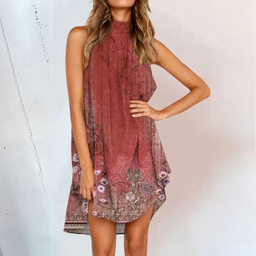 Womens Summer Dresses, Beach Dress for Women Halter Neck Sleeveless Mini Tank Top Pleated Flowy Short Beach Sundress