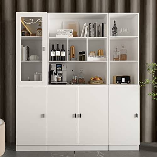 AIEGLE Large Bookshelf Set, Tall Bookcase Display Bookshelf with Open Shelves & 6 Doors, Home Office Display Storage Cabinet, White (47.2