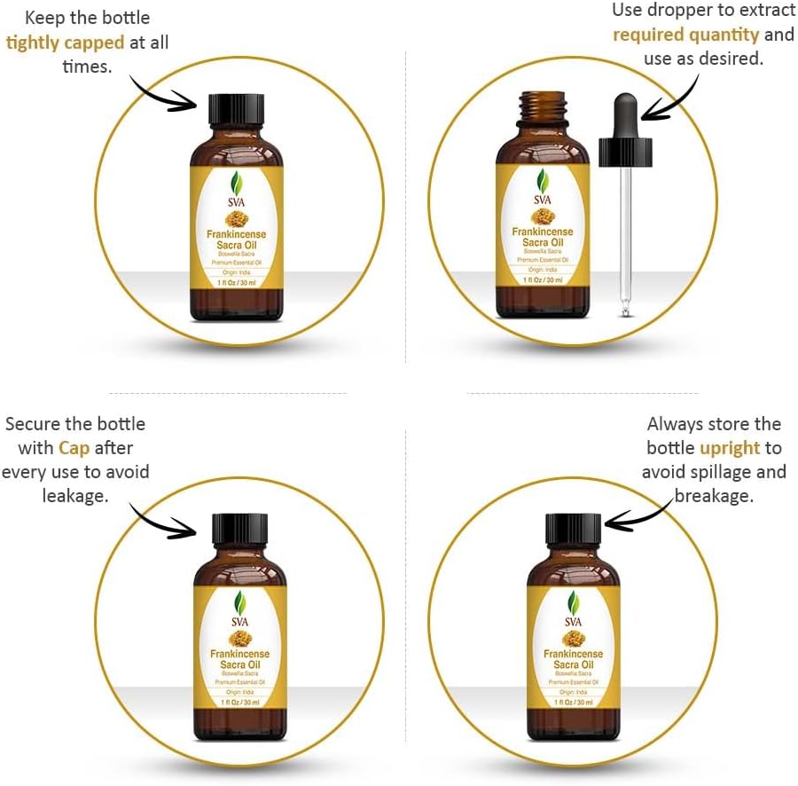 SVA Frankincense Sacra Essential Oil 1oz (30ml) Premium Essential Oil with Dropper for Diffuser, Aromatherapy, Skin Care, Hair Care & Scalp Massage
