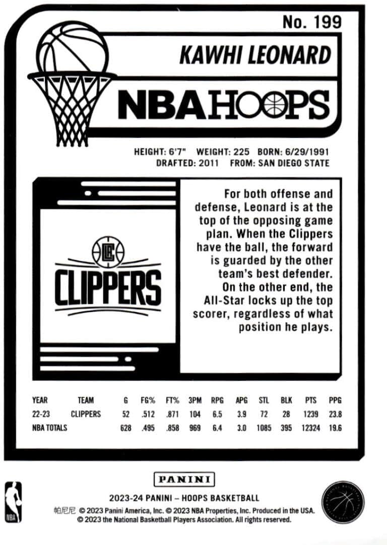 Kawhi Leonard 2023-24 Panini Hoops /199 Premium Box Set NM-MT Basketball 1#199 Clippers