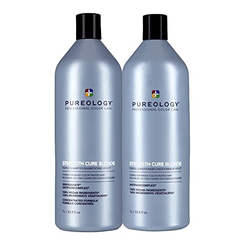 Pureology Strength Cure Blonde Purple Shampoo and Conditioner Set | Tones & Fortifies Brassy Hair | Sulfate-Free | Vegan | Paraben-Free