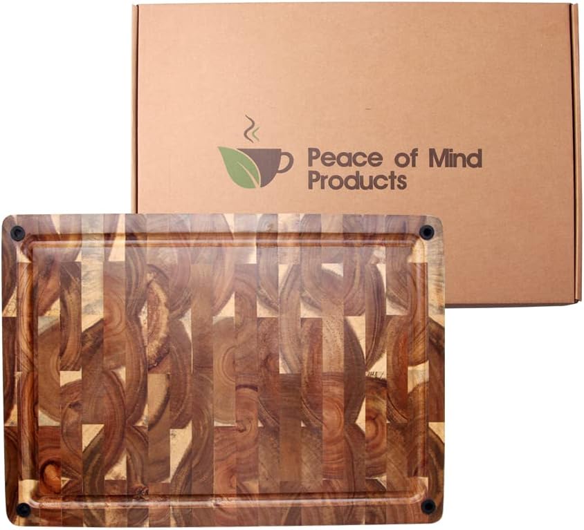16.75 Inch Large Thick Premium End Grain Acacia Wood Cutting Board chopping block with Non-Slip Feet and Juice Groove 16.75 x 11.5 x 1.5 great gift idea for housewarming, charcuterie, cook or chef
