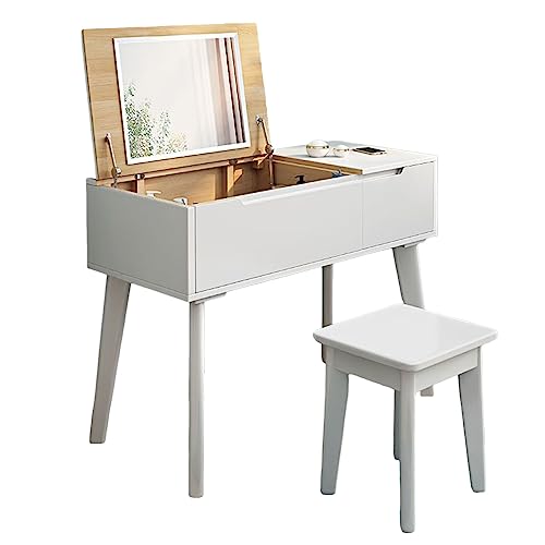 Solid Wood Dressing Table, Mini Minimalist Small House, Flip Top Storage Makeup Table Mirror, Bedroom Furniture with Drawers and Sorting Storage Compartments