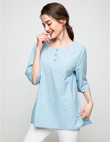 Minibee Women's 3/4 Sleeve Cotton Linen Jacquard Blouses Top T-Shirt