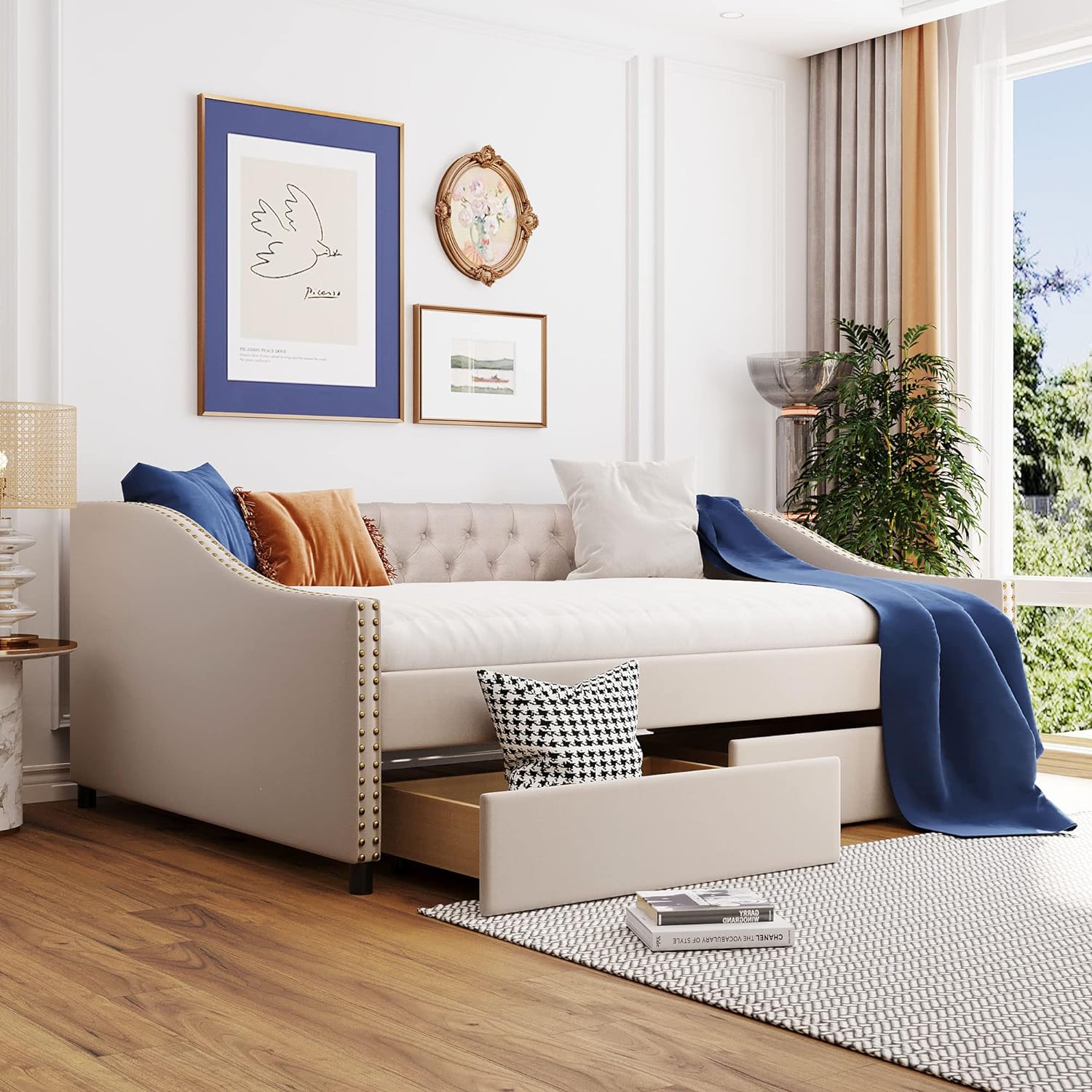 Full Upholstered Daybed Frame with Storage Drawers, Full Size Sofa Bed for Bedroom Living Room Guest Room, Wood Slat Support, Beige