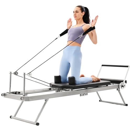 Foldable Pilates Reformer, Home Pilates Reformer Machine -Perfect for Tall People-5 Metal Resistance Springs-Up to 440 lbs Weight Capacity for Intermediate and Beginners Users