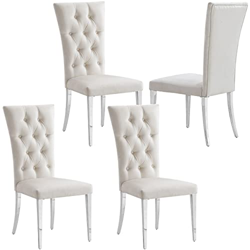 AZhome Dining Chairs, Grey Velvet Upholstered Dining Room Chair in Buttons Tufted, Silver Stainless Steel Legs(Set of 8)