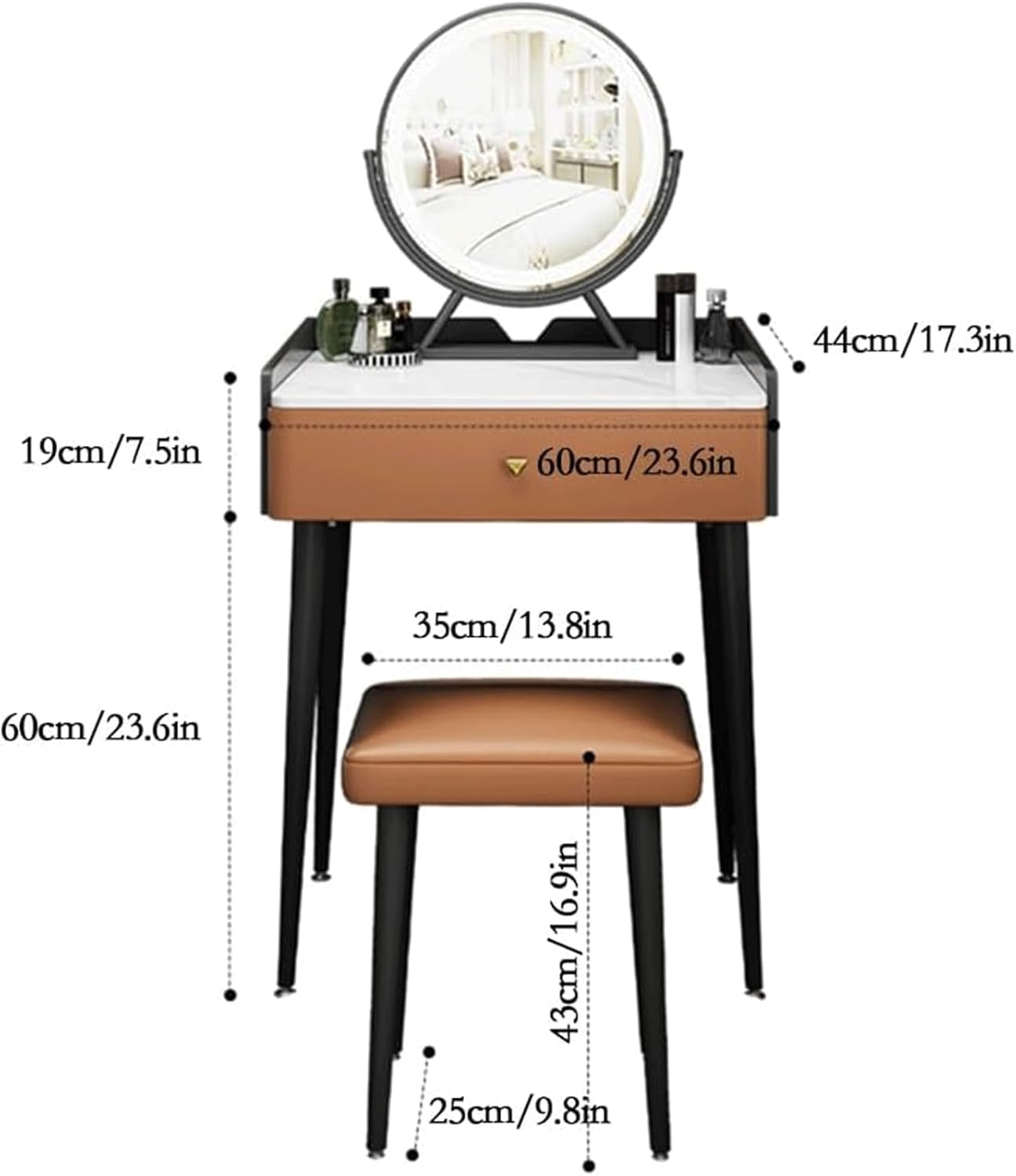 Computer Desk Black Slate Vanity Desk, Makeup Vanity Set with Mirror and Lights, Cushioned Stool, Simple Dressing Table for Home Bedroom Charming