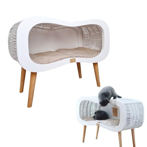Wicker Cat Bed, Infinity on Legs - White Version with A Beige Mattress - Indoor Kitten House, Basket and Couch with Thick & Durable Plywood - 100% Polish Product