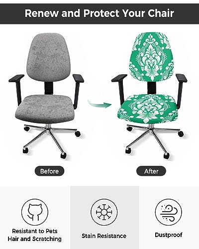 Green Ethnic Totems Office Chair Covers 2PCS, Stretch Computer Chair Cover Universal Rotating Desk Chair Seat Cover Washable Back Chair Slipcover Protector Vintage Classical Brocade Old-fashioned