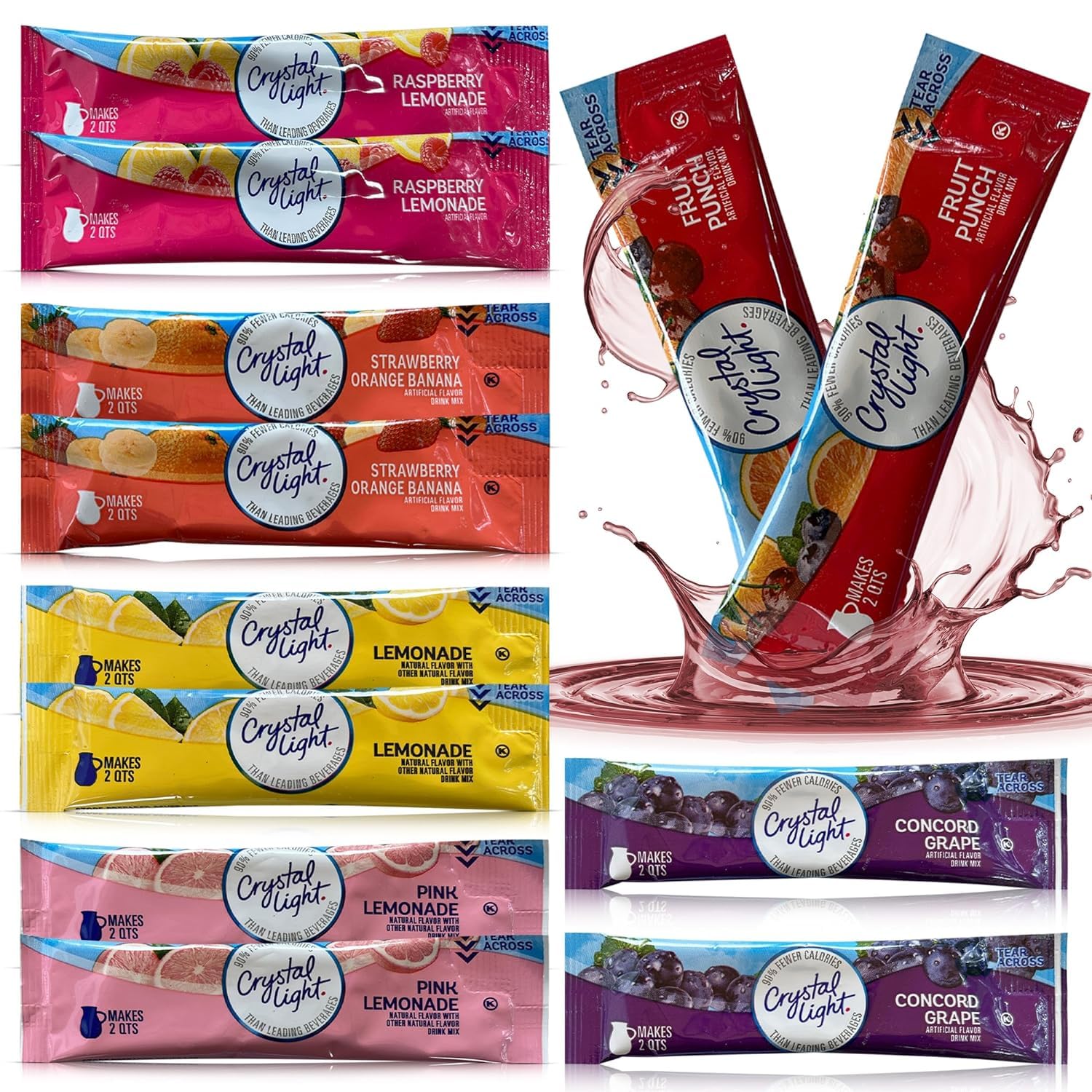 Crystal Light Pitcher Packets Drink Powder - 12 (2-quart) Sugar Free Drink Mix Variety Pack Includes Lemonade, Fruit Punch, Grape, Strawberry Orange Banana, Raspberry Lemonade & Pink Lemonade