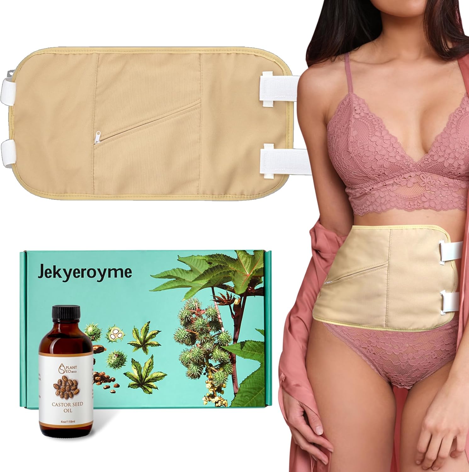 Castor Oil Pack Wrap Kit-Castor Oil Packs for Women，100% Pure Organic Castor Oil Cold Pressed Glass Bottle for Liver Detox, Insomnia, Thyroid & Breast