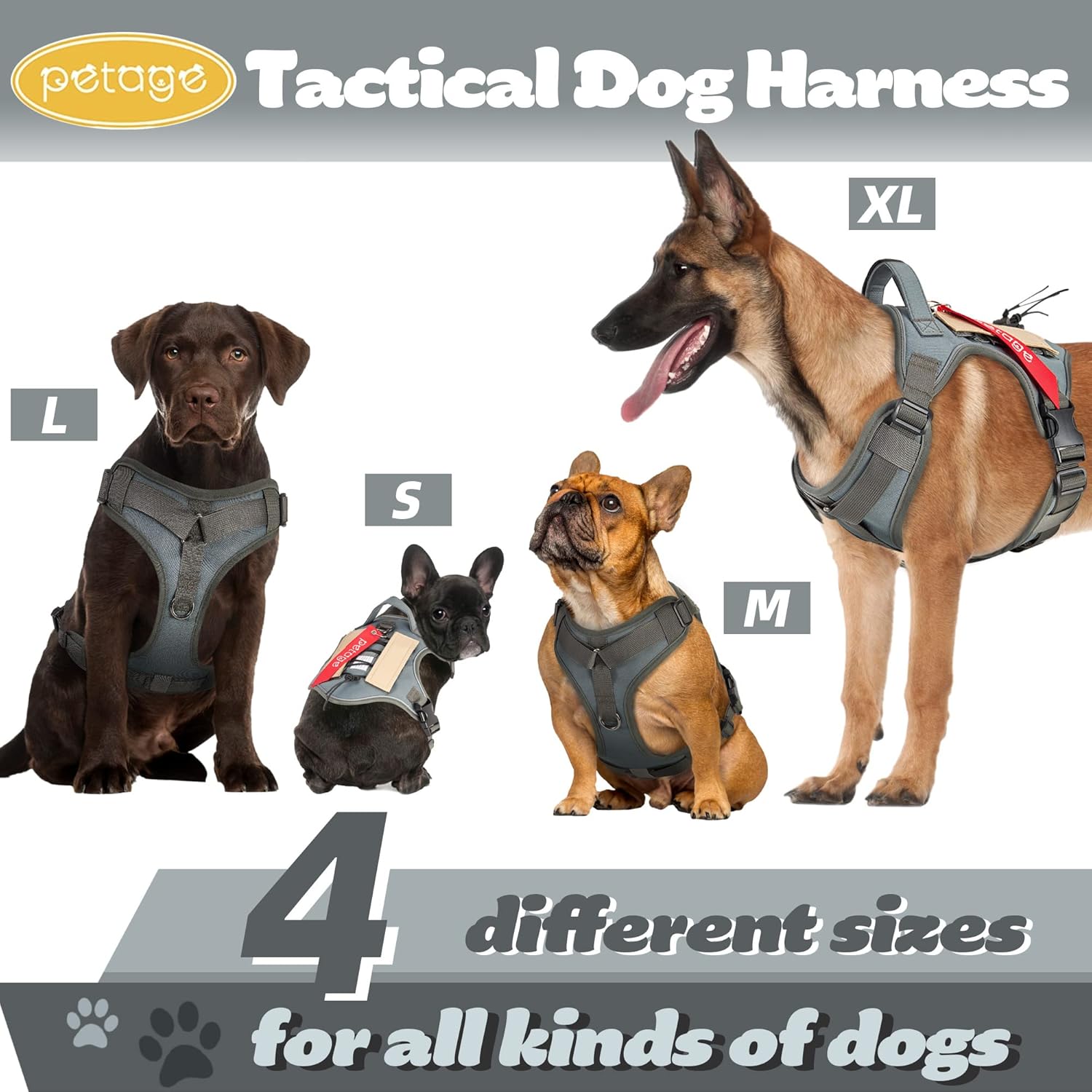 PETAGE Tactical Dog Harness for Small Medium Large Dogs No Pull Adjustable Soft Padded Dog Vest Reflective No-Choke Pet Oxford Vest with Easy Control Pet Vest Military Service Dog Harnesses(Grey XL)