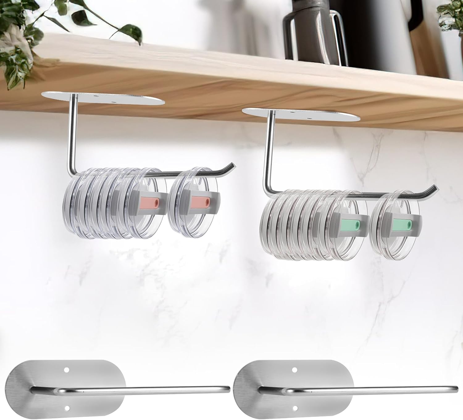 2pcs Tumbler Lid Organizer, Horizontal Tumbler Lid Storage Hook Space Saving Cup Lid Holder Self-Adhesive or Drilling Water Bottle Lid Stacker Hanger Under Cabinet for Yeti Stanley Kitchen