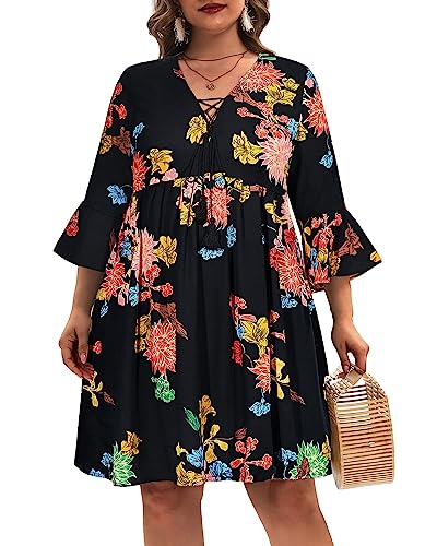 Women's Plus Size Boho Dress Floral V Neck Tassel Bell Sleeve Casual Summer Beach Flowy Mini Dress