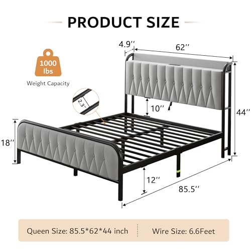 iPormis Queen Metal Bed Frame with Charging Station,Upholstered Headboard and Footboard, Heavy Duty Steel Support, 12