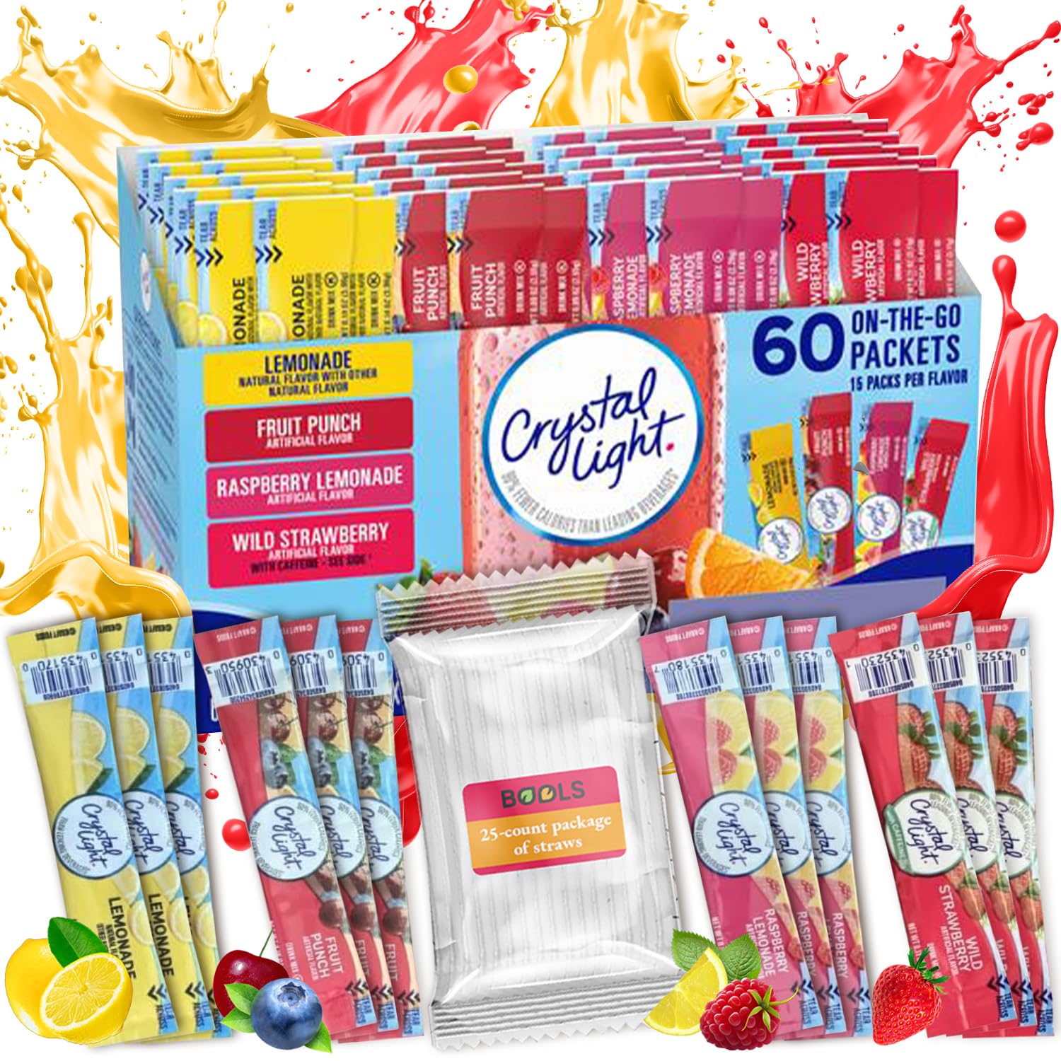 Generic Crystal Light Lemonade, Fruit Punch, Raspberry Lemonade & Wild Strawberry Sugar-Free Powdered Drink Mix Variety Pack, 60 Count With 25 Straws, Fits 16.9 oz Bottles